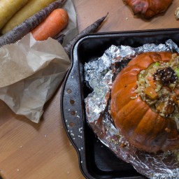 Roasted Stuffed Pumpkin with garlic ginger rice. Perfect for the Luteal Phase in your cycle